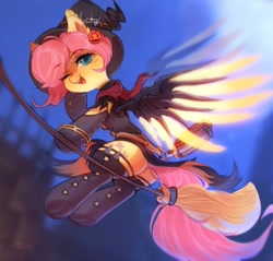 Size: 1580x1508 | Tagged: safe, artist:astralblues, fluttershy, pegasus, pony, g4, artificial wings, augmented, broom, crossover, flying, flying broomstick, hat, mercy, mercyshy, one eye closed, overwatch, ponytober, pumpkin, solo, wings, wink, witch, witch hat