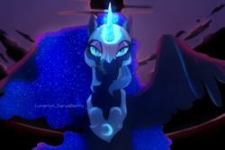 Size: 3000x2000 | Tagged: safe, artist:daryaberry, nightmare moon, alicorn, pony, g4, alicorn magic, cloud, ethereal hair, ethereal mane, ethereal tail, eyeshadow, female, helmet, high res, lidded eyes, looking at you, magic, magic aura, makeup, mare, purple eyeshadow, solo, tail