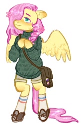 Size: 666x1024 | Tagged: safe, artist:tapi_okae, fluttershy, pegasus, semi-anthro, g4, arm hooves, clothes, flower, flower in hair, hair over one eye, hoof shoes, nonbinary, simple background, socks, solo, sweater, white background