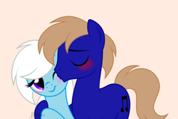 Size: 850x568 | Tagged: safe, artist:amgiwolf, artist:feather_bloom, oc, oc:blue_skies, oc:feather bloom(fb), oc:feather_bloom, earth pony, pegasus, pony, base used, blushing, cheek kiss, couple, duo, eyes closed, hoof around neck, in love, kissing, oc x oc, one eye closed, one eye open, shipping, tail