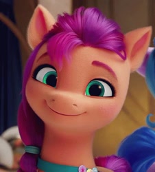 Size: 450x497 | Tagged: safe, screencap, sunny starscout, earth pony, pony, g5, my little pony: a new generation, spoiler:my little pony: a new generation, cropped, cute, female, mare, offscreen character, smiling, solo focus, sunnybetes