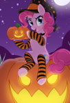 Size: 972x1428 | Tagged: safe, artist:nika-rain, pinkie pie, earth pony, pony, g4, clothes, costume, cute, halloween, halloween costume, holiday, night, pumpkin, show accurate, sitting, solo