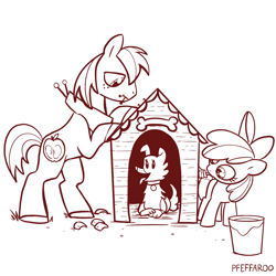 Size: 2048x2048 | Tagged: safe, artist:pfeffaroo, apple bloom, big macintosh, winona, dog, earth pony, pony, g4, brother and sister, doghouse, female, filly, high res, male, monochrome, paint, paintbrush, siblings, simple background, stallion, white background
