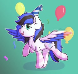 Size: 1003x954 | Tagged: safe, artist:exobass, oc, oc only, oc:black ice, pegasus, pony, balloon, birthday, confetti, female, partyhat, pegasus oc, solo, spread wings, wings