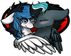 Size: 1422x1125 | Tagged: safe, artist:sketchytwi, oc, oc only, pegasus, pony, blushing, bust, commission, eyes closed, heart, oc x oc, one eye closed, pegasus oc, shipping, simple background, smiling, transparent background, wings, wink, ych result