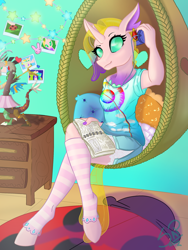 Size: 1768x2357 | Tagged: safe, artist:cuervo-of-cristal, discord, oc, changedling, changeling, anthro, unguligrade anthro, g4, changedling oc, changeling oc, clothes, crossed legs, female, indoors, lamp, music player, signature, sitting, smiling, socks, striped socks