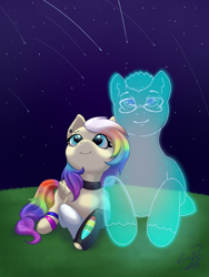 Size: 968x1290 | Tagged: safe, artist:cuervo-of-cristal, oc, oc only, ghost, pegasus, pony, undead, choker, duo, eyelashes, female, looking up, lying down, mare, multicolored hair, night, pegasus oc, prone, rainbow hair, signature, smiling, stars