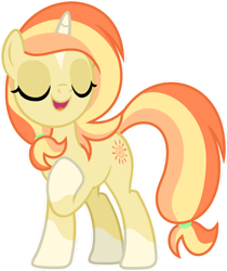 Size: 1024x1221 | Tagged: safe, artist:pegasski, oc, oc only, oc:sunset valley, pony, unicorn, coat markings, eyes closed, female, full body, hair tie, hoof on chest, horn, mare, multicolored mane, multicolored tail, open mouth, open smile, outline, show accurate, simple background, smiling, socks (coat markings), solo, standing, tail, transparent background, unicorn oc, white outline