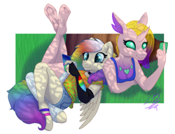 Size: 1238x950 | Tagged: safe, artist:cuervo-of-cristal, oc, oc only, changedling, changeling, pegasus, anthro, unguligrade anthro, cellphone, changedling oc, changeling oc, clothes, duo, female, multicolored hair, outdoors, pegasus oc, phone, rainbow hair, smartphone, smiling, the pose, underhoof, wings