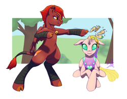 Size: 1810x1415 | Tagged: safe, artist:cuervo-of-cristal, oc, oc only, changedling, changeling, pegasus, pony, bipedal, changedling oc, changeling oc, duo, female, lying down, outdoors, pegasus oc, prone, punch, signature, smiling, tree, wings