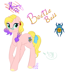 Size: 1954x2190 | Tagged: safe, artist:cuervo-of-cristal, oc, oc only, oc:beetle bell, beetle, changedling, changeling, earth pony, insect, pony, changedling oc, changeling oc, disguise, disguised changeling, earth pony oc, female, signature, simple background, smiling, white background