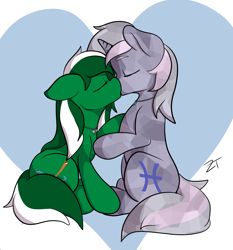 Size: 2800x3000 | Tagged: safe, artist:zombietator, oc, oc only, crystal pony, earth pony, pony, abstract background, earth pony oc, high res, jewelry, kissing, necklace, oc x oc, shipping, signature