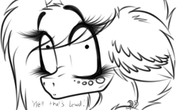 Size: 1421x886 | Tagged: safe, artist:beamybutt, oc, oc only, alicorn, pony, alicorn oc, ear fluff, eye clipping through hair, eyelashes, female, floppy ears, freckles, horn, lineart, mare, monochrome, solo, talking, wide eyes, wings