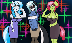 Size: 1300x768 | Tagged: safe, artist:tranzmuteproductions, oc, oc only, earth pony, unicorn, anthro, braid, clothes, dress, earth pony oc, female, flexing, horn, smiling, unicorn oc