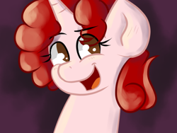 Size: 800x600 | Tagged: safe, artist:tranzmuteproductions, oc, oc only, pony, unicorn, :d, abstract background, bust, eyelashes, horn, open mouth, open smile, smiling, solo, unicorn oc