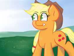 Size: 800x600 | Tagged: safe, artist:tranzmuteproductions, applejack, earth pony, pony, g4, eyelashes, female, grin, hat, mare, outdoors, smiling, solo