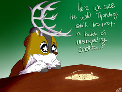 Size: 1024x768 | Tagged: safe, artist:mapleicious, oc, oc:tyandaga, deer, reindeer, cookie, food, starry eyes, table, text, that deer sure does love cookies, wingding eyes