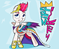 Size: 1964x1608 | Tagged: safe, artist:sallycars, zipp storm, pegasus, pony, g4, g5, my little pony: a new generation, blue background, clothes, colored wings, dress, female, g5 to g4, gala dress, mare, ms paint, simple background, solo, tongue out, wings