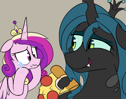 Size: 1351x1066 | Tagged: safe, artist:icey, princess cadance, queen chrysalis, alicorn, changeling, changeling queen, pony, g4, crying, duo, female, floppy ears, food, infidelity, lesbian, peetzer, pizza, pure unfiltered evil, ship:cadalis, shipping, that pony sure does love pizza, wavy mouth, you monster