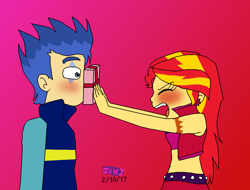 Size: 1302x990 | Tagged: safe, artist:stella-exquisa, flash sentry, sunset shimmer, equestria girls, g4, female, male, ship:flashimmer, shipping, straight, tsundere