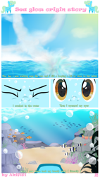 Size: 3000x5300 | Tagged: safe, artist:akififi, oc, oc only, oc:sea glow, fish, pony, comic:sea glow origin story, bubble, close-up, cloud, comic, coral, crash, crashing, eyes closed, ocean, rock, seaweed, sky, solo, sunlight, swimming, underwater, water