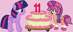 Size: 893x390 | Tagged: safe, artist:edgeoffear, artist:jadeharmony, sunny starscout, twilight sparkle, alicorn, earth pony, pony, g4, g5, my little pony: a new generation, backwards cutie mark, base used, birthday cake, cake, coat markings, colored hooves, female, food, g5 to g4, happy birthday mlp:fim, mare, markings, mlp fim's eleventh anniversary, pink background, simple background, socks (coat markings), sunny and her heroine, twilight sparkle (alicorn), unshorn fetlocks