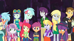 Size: 3410x1920 | Tagged: safe, screencap, apple bloom, blueberry cake, cloudy kicks, derpy hooves, frosty orange, ginger owlseye, indigo wreath, lyra heartstrings, scootaloo, sophisticata, sweetie belle, teddy t. touchdown, equestria girls, equestria girls specials, g4, my little pony equestria girls: better together, my little pony equestria girls: rollercoaster of friendship, apple bloom's bow, bow, crossed arms, cutie mark crusaders, female, hair bow, high res, male, open mouth