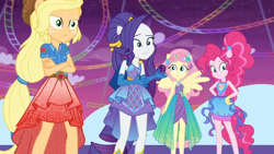 Size: 3410x1920 | Tagged: safe, screencap, applejack, fluttershy, pinkie pie, rarity, equestria girls, equestria girls specials, g4, my little pony equestria girls: better together, my little pony equestria girls: rollercoaster of friendship, crossed arms, female, hand on hip, high res, ponied up, sleeveless, spread wings, super ponied up, wings