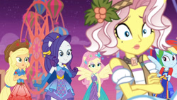 Size: 3410x1920 | Tagged: safe, screencap, applejack, fluttershy, rainbow dash, rarity, vignette valencia, equestria girls, equestria girls specials, g4, my little pony equestria girls: better together, my little pony equestria girls: rollercoaster of friendship, crossed arms, female, high res, open mouth, ponied up, ponytail, spread wings, super ponied up, wings