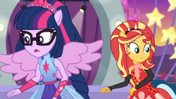 Size: 3410x1920 | Tagged: safe, screencap, sci-twi, sunset shimmer, twilight sparkle, equestria girls, equestria girls specials, g4, my little pony equestria girls: better together, my little pony equestria girls: rollercoaster of friendship, duo, duo female, female, glasses, high res, open mouth, ponied up, spread wings, super ponied up, wings