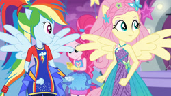 Size: 3410x1920 | Tagged: safe, screencap, fluttershy, pinkie pie, rainbow dash, equestria girls, equestria girls specials, g4, my little pony equestria girls: better together, my little pony equestria girls: rollercoaster of friendship, cellphone, female, high res, phone, ponied up, sleeveless, smartphone, spread wings, super ponied up, wings