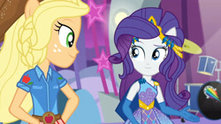 Size: 3410x1920 | Tagged: safe, screencap, applejack, rarity, equestria girls, equestria girls specials, g4, my little pony equestria girls: better together, my little pony equestria girls: rollercoaster of friendship, alternate hairstyle, belt, cape, clothes, cowboy hat, diamond, drums, duo, duo female, female, gloves, hand on hip, hat, high res, jewelry, long gloves, looking at each other, looking at someone, musical instrument, ponied up, sleeveless, smiling, stetson, super ponied up, tiara