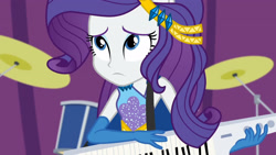 Size: 3410x1920 | Tagged: safe, screencap, rarity, equestria girls, equestria girls specials, g4, my little pony equestria girls: better together, my little pony equestria girls: rollercoaster of friendship, drums, female, high res, keytar, musical instrument, photo booth (song), ponied up, solo
