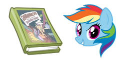 Size: 290x145 | Tagged: safe, daring do, rainbow dash, pegasus, pony, g4, blue skin, book, cursor, female, grin, head only, mare, multicolored hair, purple eyes, rainbow, rainbow hair, simple background, smiling, teeth, transparent background
