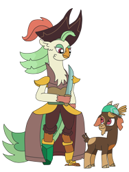 Size: 2448x3264 | Tagged: safe, artist:supahdonarudo, captain celaeno, shanty (tfh), avian, bird, goat, parrot, parrot pirates, them's fightin' herds, g4, bandana, community related, crossover, duo, facial hair, goatee, hat, high res, looking at each other, pirate, pirate hat, rectangular pupil, simple background, sword, transparent background, weapon