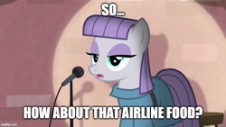 Size: 800x450 | Tagged: source needed, safe, edit, edited screencap, screencap, maud pie, earth pony, pony, g4, the maud couple, airline food, brick wall, comedy, ferb fletcher, joke, maud the comedian, meme, phineas and ferb, solo, stand-up comedy