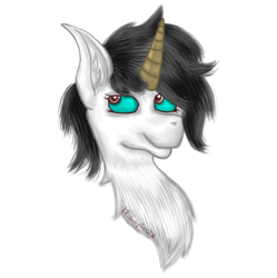 Size: 960x964 | Tagged: safe, artist:lil_vampirecj, oc, oc only, oc:wafflemare, pony, unicorn, black mane, blue eyes, brown eyes, bust, ears up, fluffy, food, looking at you, looking back, looking back at you, photo, raffle prize, smiling, smiling at you, solo, waffle, white body