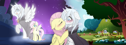Size: 7597x2746 | Tagged: safe, artist:darkstorm mlp, fluttershy, oc, oc:wishing star, alicorn, pegasus, pony, g4, alicorn oc, alternate universe, bandage, bandaged leg, blushing, canon x oc, cloak, clothes, female, filly, filly fluttershy, horn, injured, kissing, male, paradox, shipping, straight, time travel, wings, younger