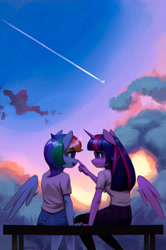 Size: 1800x2719 | Tagged: safe, artist:mrscroup, rainbow dash, twilight sparkle, alicorn, pegasus, anthro, g4, bench, boop, clothes, cloud, contrail, female, floating wings, horn, jeans, lesbian, noseboop, open mouth, pants, plane, ponytober, ship:twidash, shipping, sitting, sky, stars, twilight sparkle (alicorn), wings