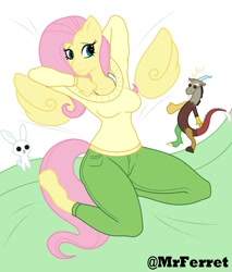 Size: 1700x2000 | Tagged: safe, artist:mr.ferret, angel bunny, discord, fluttershy, anthro, unguligrade anthro, g4, breasts, busty fluttershy, clothes, floating wings, pants, plushie, sexy, solo, sweater, sweatershy, wings