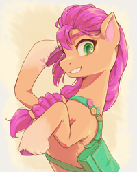 Size: 2560x3200 | Tagged: safe, artist:chopchopguy, part of a set, sunny starscout, earth pony, pony, g5, my little pony: a new generation, badge, bag, braid, coat markings, colored eyebrows, colored hooves, colored pupils, eyebrows, female, grin, high res, looking at you, mare, pin, profile, raised hoof, smiling, socks (coat markings), solo, twilight sparkle's cutie mark, unshorn fetlocks