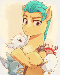 Size: 2560x3200 | Tagged: safe, artist:chopchopguy, part of a set, cloudpuff, hitch trailblazer, mcsnips-a-lot, bird, crab, dog, earth pony, flying pomeranian, pomeranian, pony, rabbit, seagull, g5, my little pony: a new generation, animal, badge, blaze (coat marking), bucktooth, chest fluff, coat markings, colored eyebrows, critter magnet, critters, crossed arms, crossed hooves, eyes closed, facial markings, frown, high res, hitch trailblazer is not amused, male, open mouth, open smile, pale belly, sash, sheesh, sheriff's badge, smiling, stallion, unamused, unshorn fetlocks, winged dog