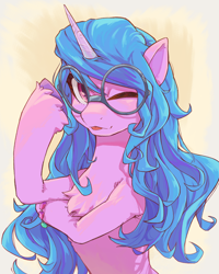 Size: 2560x3200 | Tagged: safe, artist:chopchopguy, part of a set, izzy moonbow, pony, unicorn, g5, my little pony: a new generation, ;p, bracelet, chest fluff, cute, female, glasses, high res, horn, izzybetes, jewelry, looking at you, mare, one eye closed, raised hoof, round glasses, solo, tongue out, unshorn fetlocks, wink