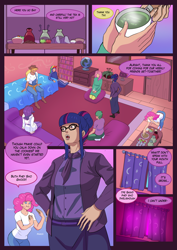 Size: 3508x4961 | Tagged: safe, artist:annon, applejack, fluttershy, pinkie pie, rainbow dash, rarity, sci-twi, spike, twilight sparkle, human, comic:pink world, g4, adult, adult spike, apple, bed, bookshelf, clothes, coat, comic, cookie, couch, curtains, dialogue, eating, food, full mouth, glasses, glowing, human spike, humanized, jacket, jeans, lightly tanned skin, mane seven, mane six, necktie, older, older spike, overalls, pants, plant, snacks, speech bubble, sweatband, sweater, tanned, tea, tracksuit