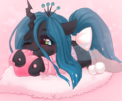 Size: 960x800 | Tagged: safe, artist:valeria_fills, queen chrysalis, changeling, changeling queen, g4, abstract background, biting, blushing, bow, bowtie, clothes, cute, cute little fangs, cutealis, eyelashes, fangs, female, heart, heart pillow, horn, one eye closed, pillow, socks, solo, sweater, tail, tail bow, weapons-grade cute, wings