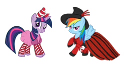 Size: 1144x600 | Tagged: safe, rainbow dash, twilight sparkle, pegasus, pony, unicorn, g4, candyland, clothes, costume, licorice, looking at you, lord licorice, mr. mint, rainbow dash always dresses in style, simple background, smiling, transparent background, unicorn twilight, wings