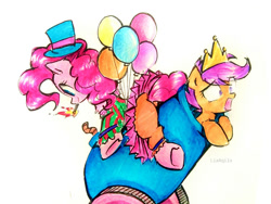 Size: 1032x775 | Tagged: safe, artist:liaaqila, pinkie pie, scootaloo, earth pony, pegasus, pony, g4, balloon, clown, crown, cute, duo, duo female, female, fire, jewelry, match, mouth hold, party cannon, pony cannonball, regalia, simple background, traditional art, unwilling, white background, wide eyes, yelling