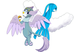 Size: 4960x3508 | Tagged: safe, artist:morrigun, altaria, griffon, crossover, duo, eyes open, female, flying, griffonized, helmet, paw pads, paws, poké ball, pokémon, simple background, species swap, spread wings, transparent background, wings, winona (pokémon)