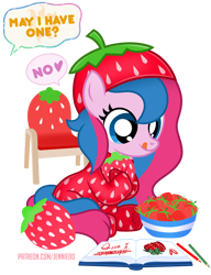 Size: 766x1000 | Tagged: safe, artist:jennieoo, oc, oc only, oc:star sparkle, pony, blue eyes, book, chair, clothes, coloring book, costume, dialogue, food, footed sleeper, footie pajamas, greedy, hat, kigurumi, onesie, pajamas, plushie, selfish, show accurate, simple background, sitting, solo, speech bubble, strawberry, tail, tongue out, transparent background, two toned mane, two toned tail, vector