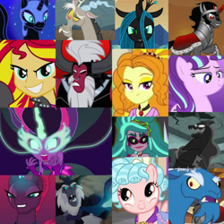 Size: 894x894 | Tagged: safe, edit, edited screencap, screencap, adagio dazzle, cozy glow, discord, gaea everfree, gloriosa daisy, grogar, king sombra, lord tirek, nightmare moon, pony of shadows, princess luna, queen chrysalis, sci-twi, starlight glimmer, storm king, sunset shimmer, tempest shadow, twilight sparkle, alicorn, centaur, changeling, changeling queen, draconequus, human, pegasus, pony, sheep, unicorn, taur, equestria girls, g4, my little pony equestria girls, my little pony equestria girls: friendship games, my little pony equestria girls: legend of everfree, my little pony equestria girls: rainbow rocks, my little pony: the movie, antagonist, cape, clothes, collage, female, filly, male, midnight sparkle, ram